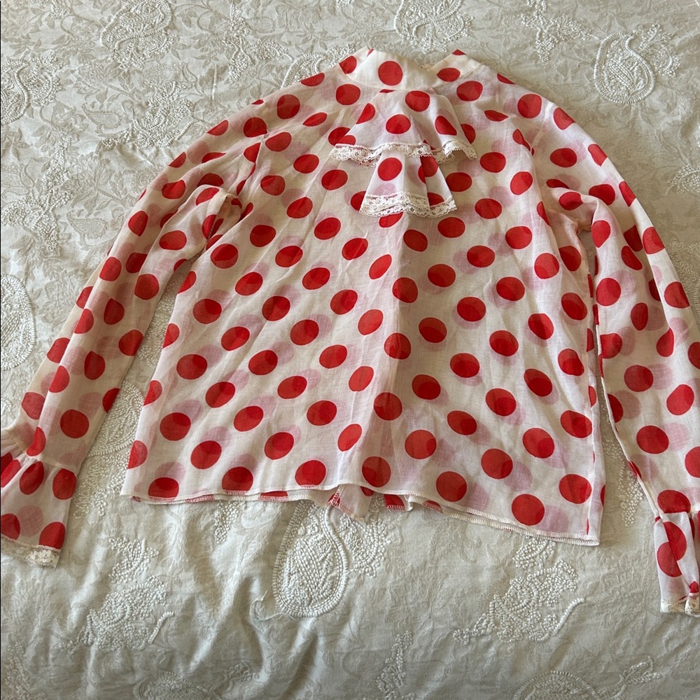 🦩Vintage Red & White Polka Dot Ruffle Blouse - Back Button Closure